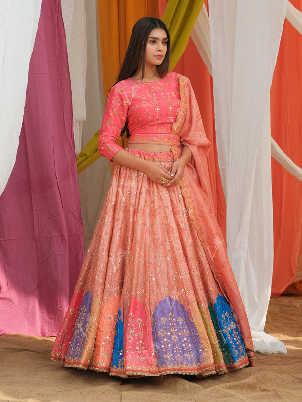 Peach Vasansi Silk Printed Lehenga Set