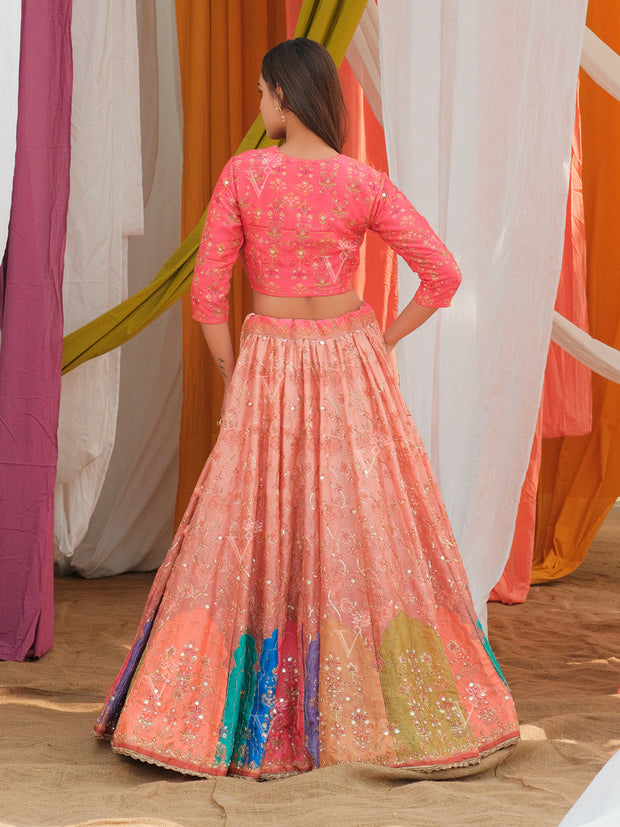 Peach Vasansi Silk Printed Lehenga Set