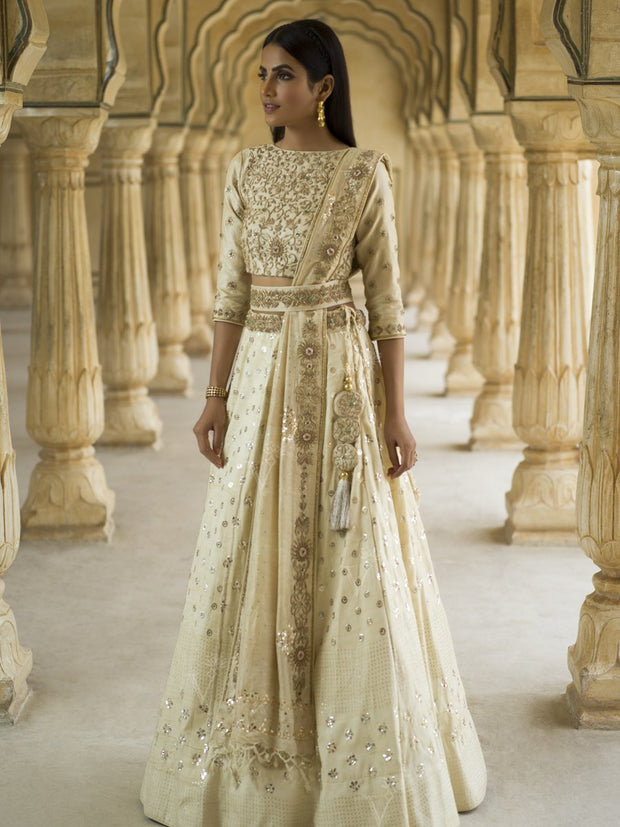 Off White Pure Tussar Lehenga