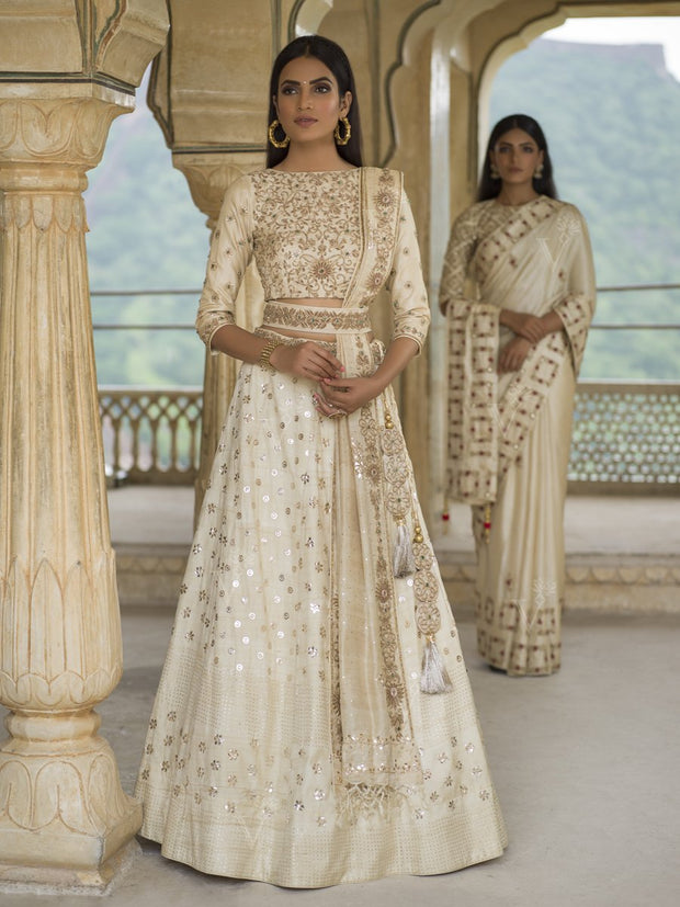 Off White Pure Tussar Lehenga