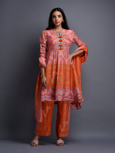 Orange Vasansi Silk Leheriya Kurta Set