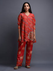 Red Vasansi Silk Leheriya co-ord Set