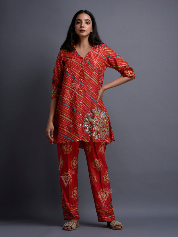 Red Vasansi Silk Leheriya co-ord Set