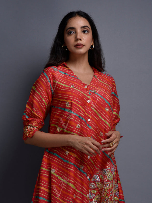 Red Vasansi Silk Leheriya co-ord Set