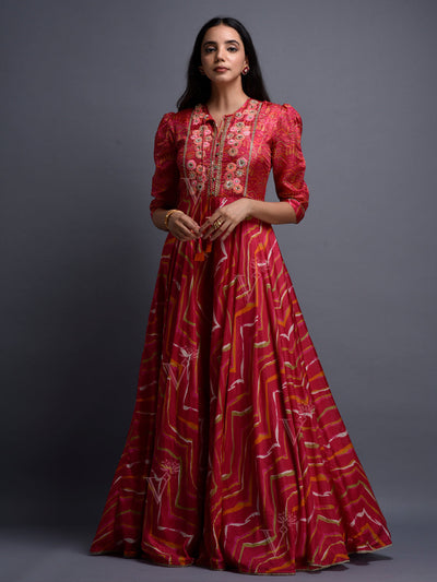 Pink Vasansi Silk Leheriya Anarkali Gown