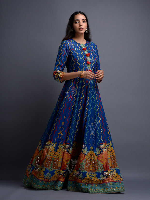 Blue Vasansi Silk Leheriya Anarkali Gown