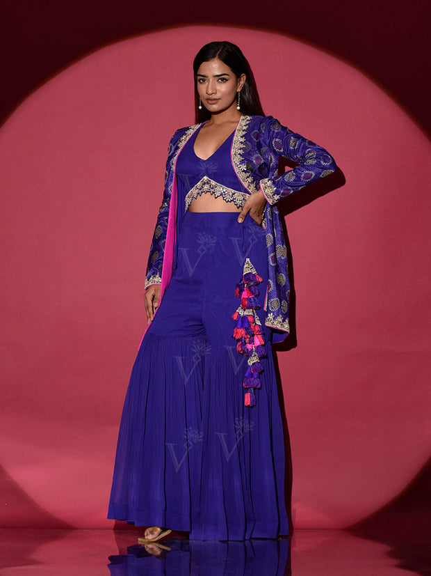 Blue Embroidered Jacket with Bustier and Sharara Set