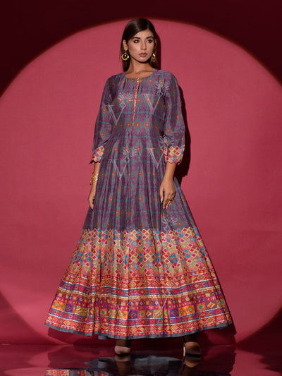 Grey Vasansi Silk Printed Anarkali Gown