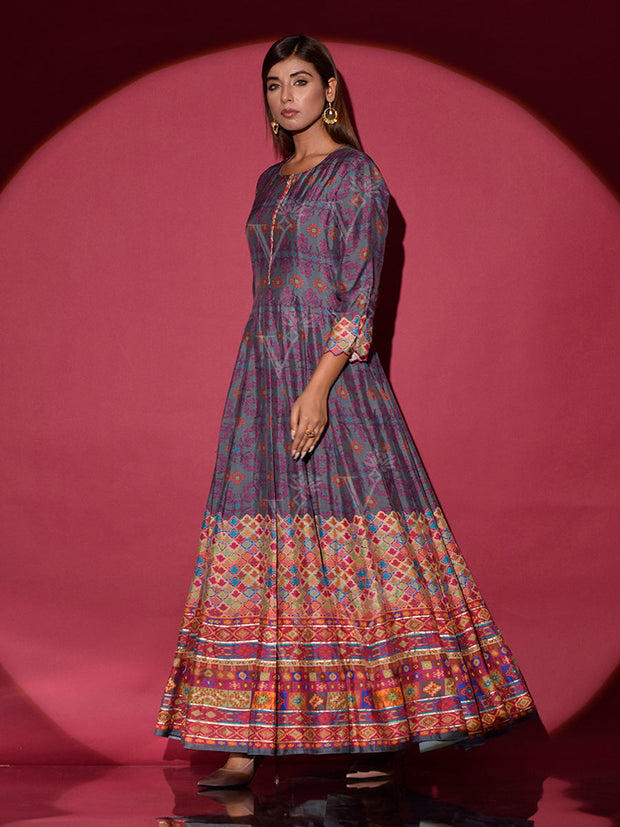 Grey Vasansi Silk Printed Anarkali Gown