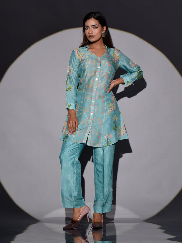 Turquoise Vasansi Silk Printed Co-ord Set