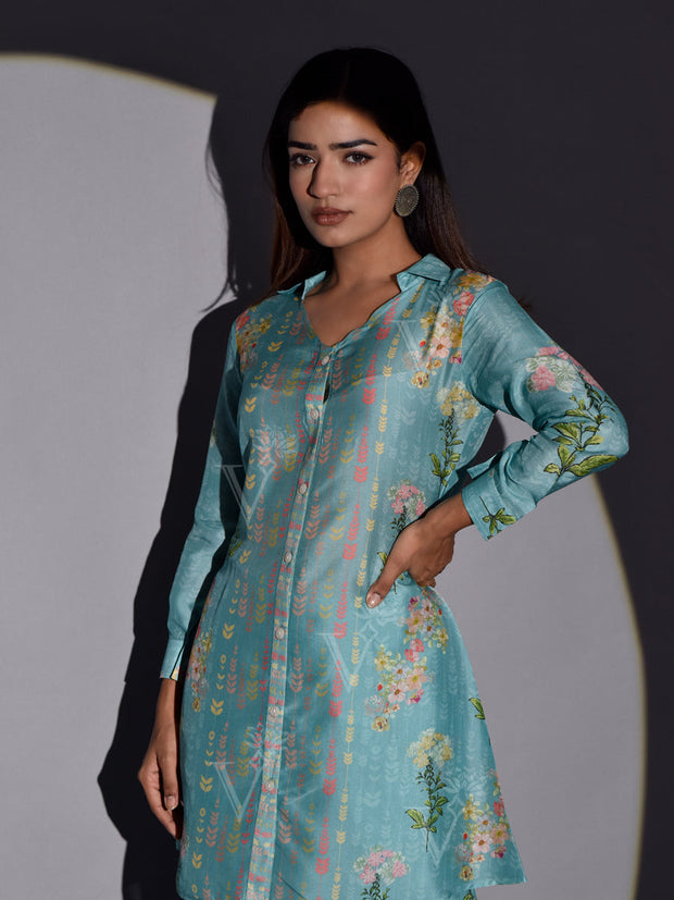 Turquoise Vasansi Silk Printed Co-ord Set