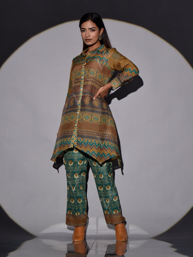 Brown and Green Vasansi Silk Printed Co-ord Set