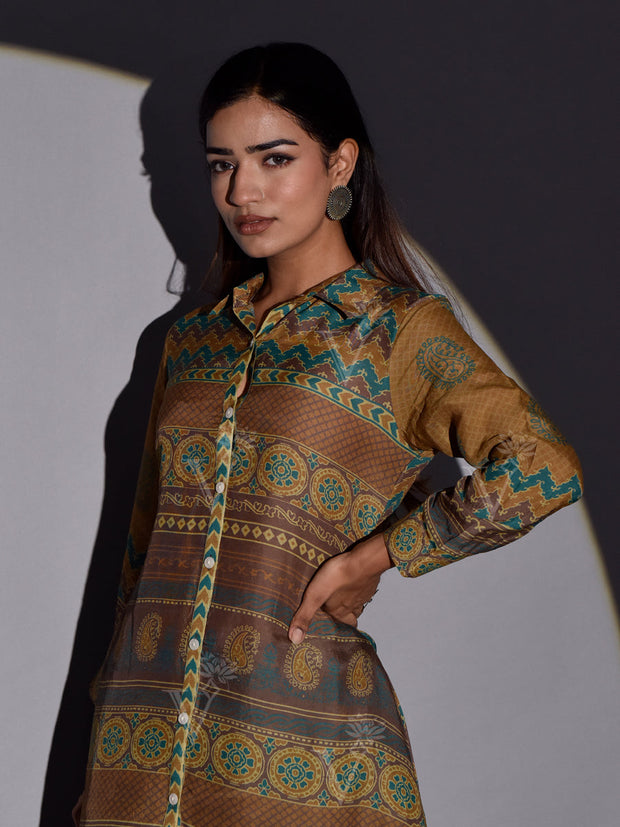 Brown and Green Vasansi Silk Printed Co-ord Set