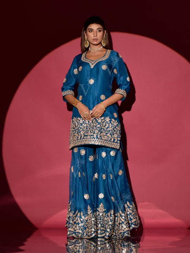 Blue Organza Gota Patti Kurta and Sharara Set