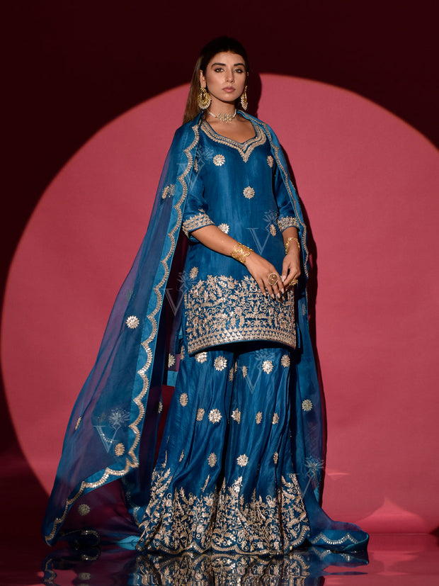 Blue Organza Gota Patti Kurta and Sharara Set