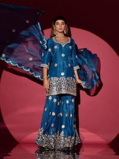 Blue Organza Gota Patti Kurta and Sharara Set