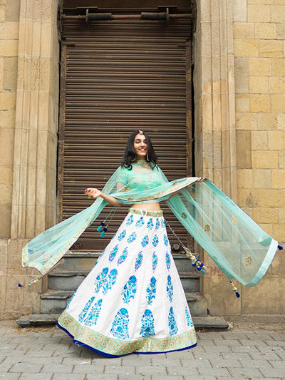 Off White And Indigo Hand-Block Lehenga Set