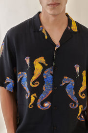 Sea horse Black Oversize Hawaiian Collar Shirt