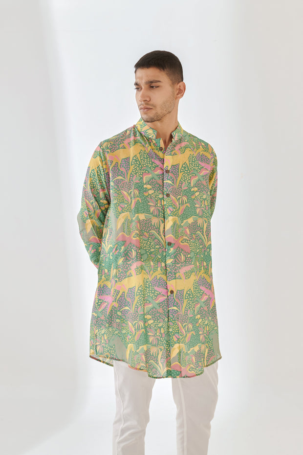 Shaye Green Floral Full Button Kurta