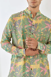 Shaye Green Floral Full Button Kurta