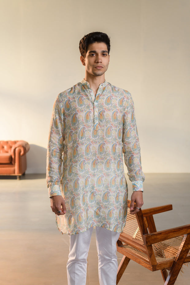 Paisley Cream White - Russian Silk- Ganganagry Kurta For Men