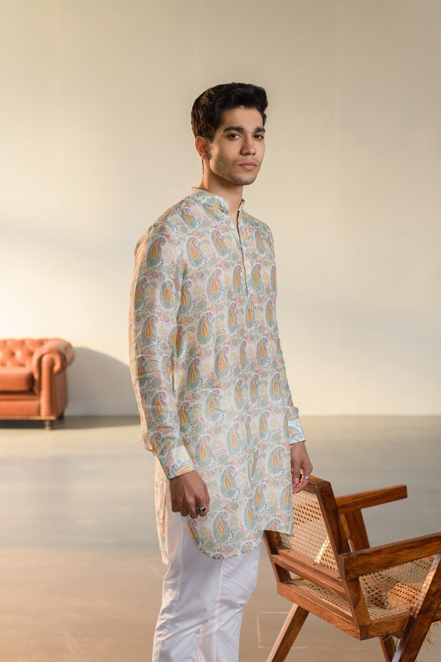 Paisley Cream White - Russian Silk- Ganganagry Kurta For Men