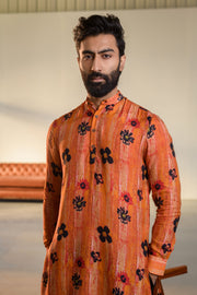 Floral Orange - Russian Silk  - Ganganagry Kurta For Men