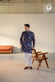 Leopard Midnight Floral Black - Silk - Ganganery Kurta For Men