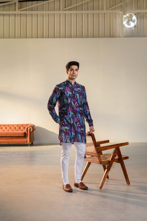 Leopard Midnight Floral Black - Silk - Ganganery Kurta For Men