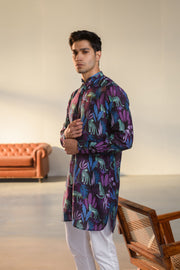 Leopard Midnight Floral Black - Silk - Ganganery Kurta For Men