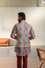 Floral Steel Grey Kurta - Russian Silk - Kurta Bandi Set