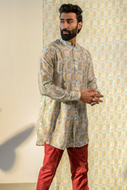 Paisley Cream White - Russian Silk- Full Button Kurta For Men