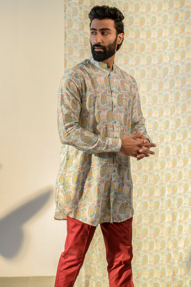 Paisley Cream White - Russian Silk- Full Button Kurta For Men