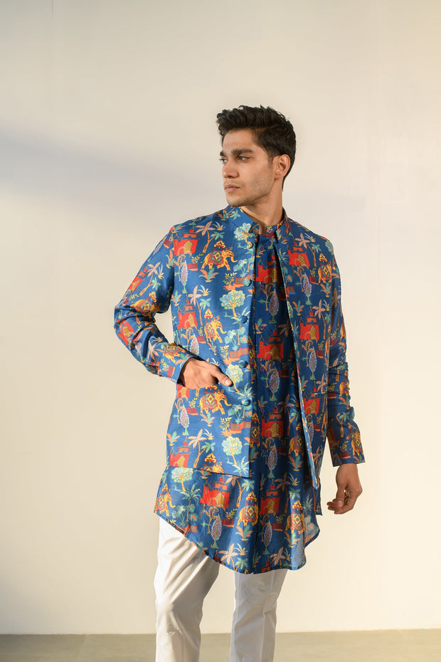 Jual Elephant Blue - Russian Silk - Full Button Kurta & Bandi Set