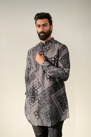 Rustic Boho Black Bandana Russian Silk Full Button Kurta For Men