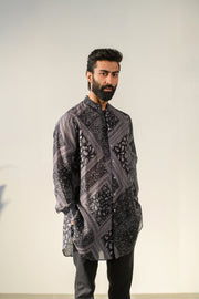 Rustic Boho Black Bandana Russian Silk Full Button Kurta For Men