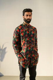 Leopard Midnight Leaflet Black - Russian Silk- Full Button Kurta For Men