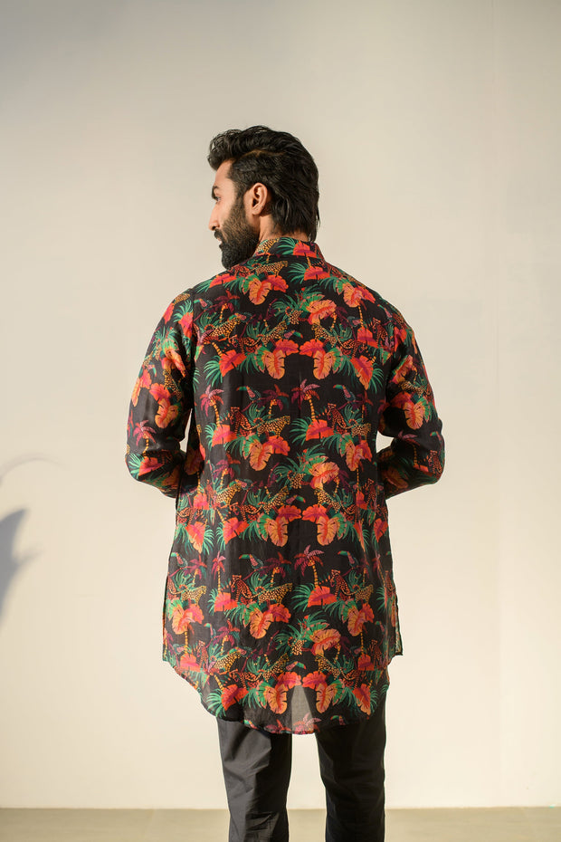 Leopard Midnight Leaflet Black - Russian Silk- Full Button Kurta For Men