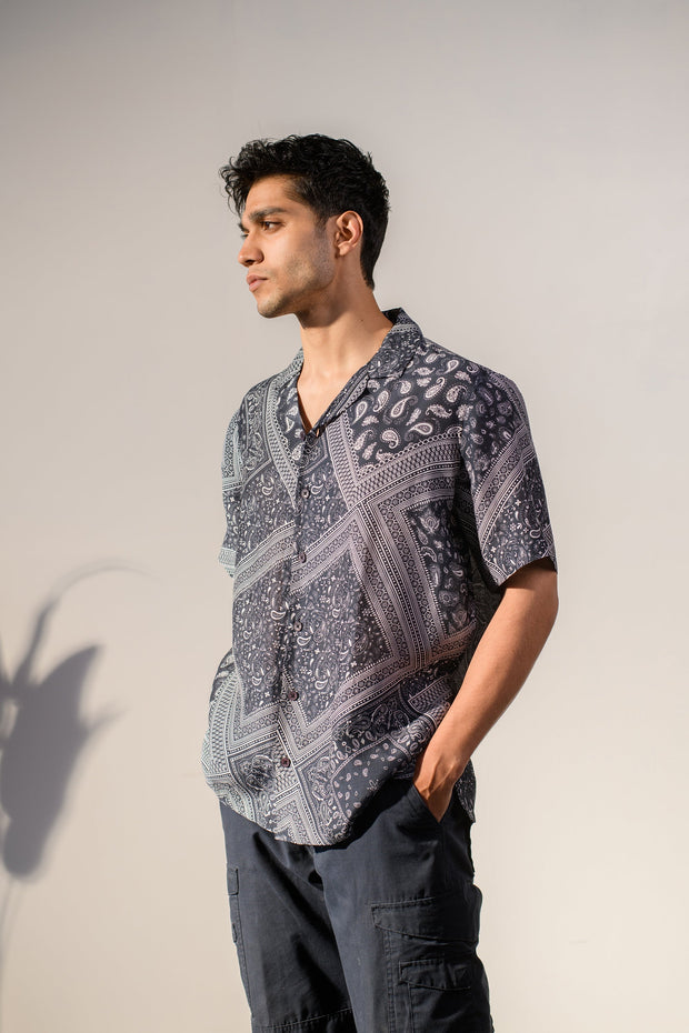 Rustic Boho Black Bandana Silk Oversize Hawaiin Collar Shirt For Men