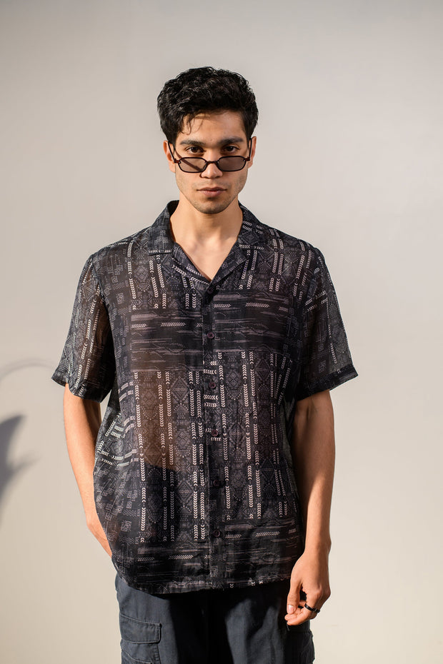 Rustic Boho Black Geometric Silk OverSize Hawaiin Collar Shirt For Men