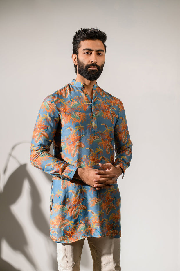 Leopard Floral Blue - Silk - Ganganagry Kurta For Men