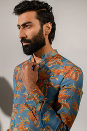 Leopard Floral Blue - Silk - Ganganagry Kurta For Men