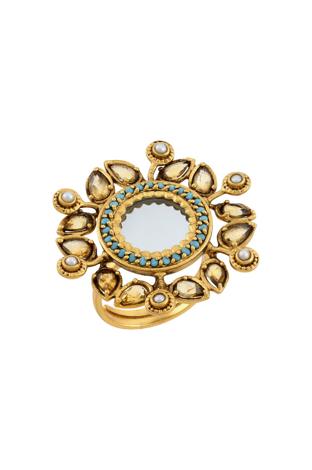 Silver Gold Plated Suryakamal Pearl Mirror Ring