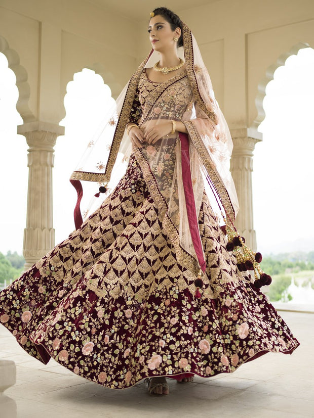 Maroon Velvet Lehenga