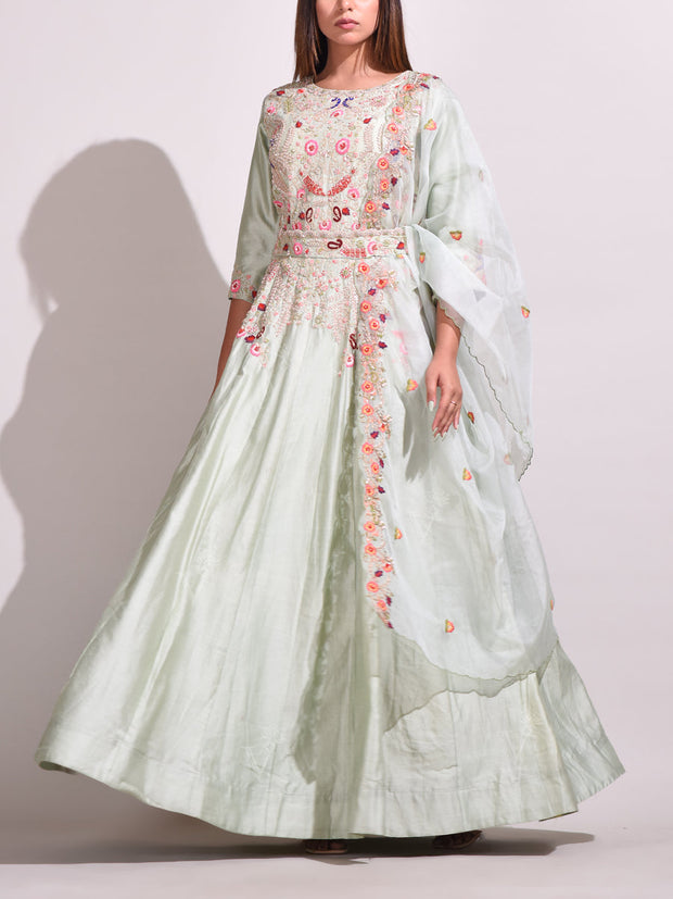 Aqua  Chanderi Gown Set