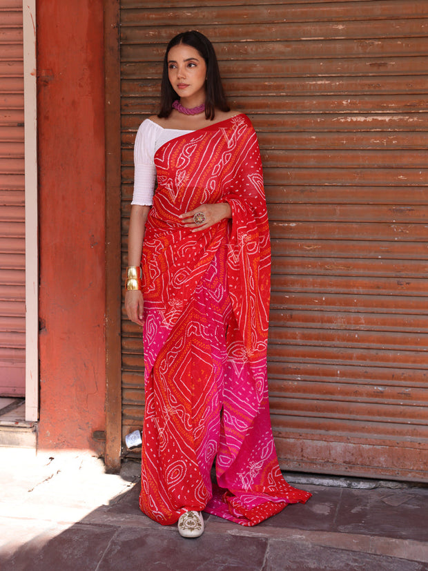 Red and Pink Chinnon Bandhani Saree