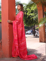 Pink and Orange Chinnon Bandhani Saree