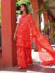 Orange Chinnon Bandhani Saree