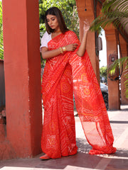 Orange Chinnon Bandhani Saree