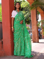 Green Chinnon Bandhani Saree